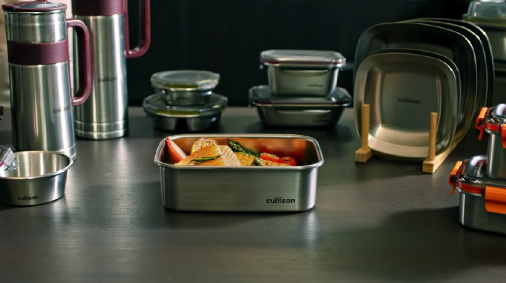 food in a cuitisan brand stainless steel container